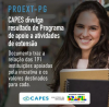 Foto de uma mulher sorrindo e segurando livros, com a notícia da divulgação do resultado do PROEXT-PG